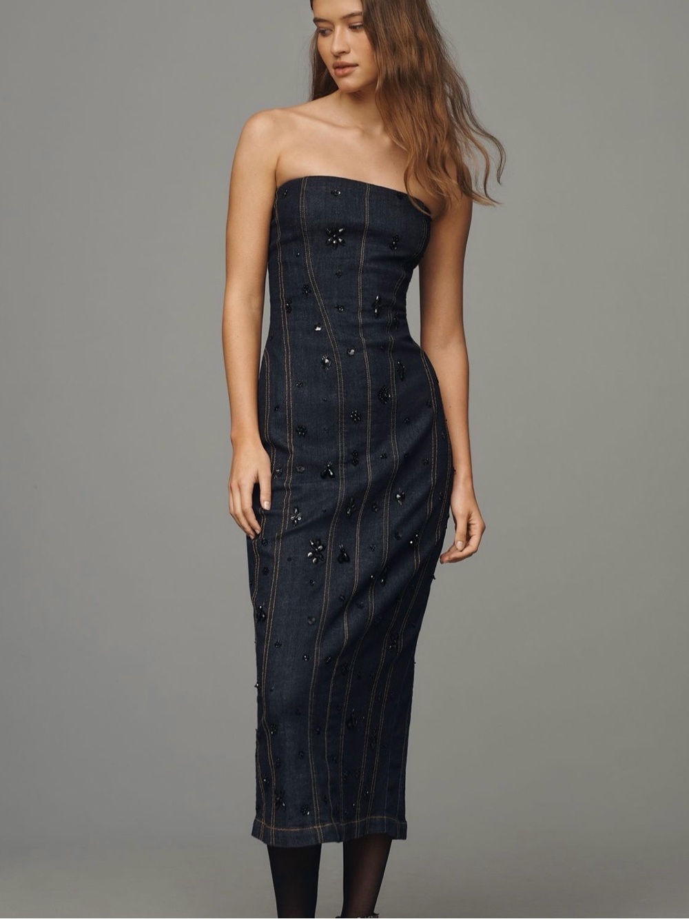 Anthropologie Strapless Black Denim Midi Dress
